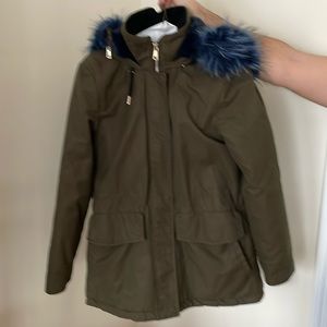 Zara Green Khaki jacket coat with blue fur